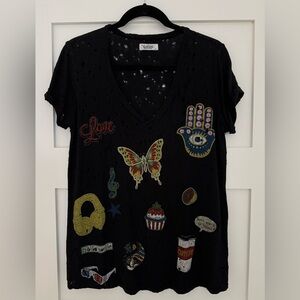 Lauren Moshi Black Vneck Graphic Tee - S